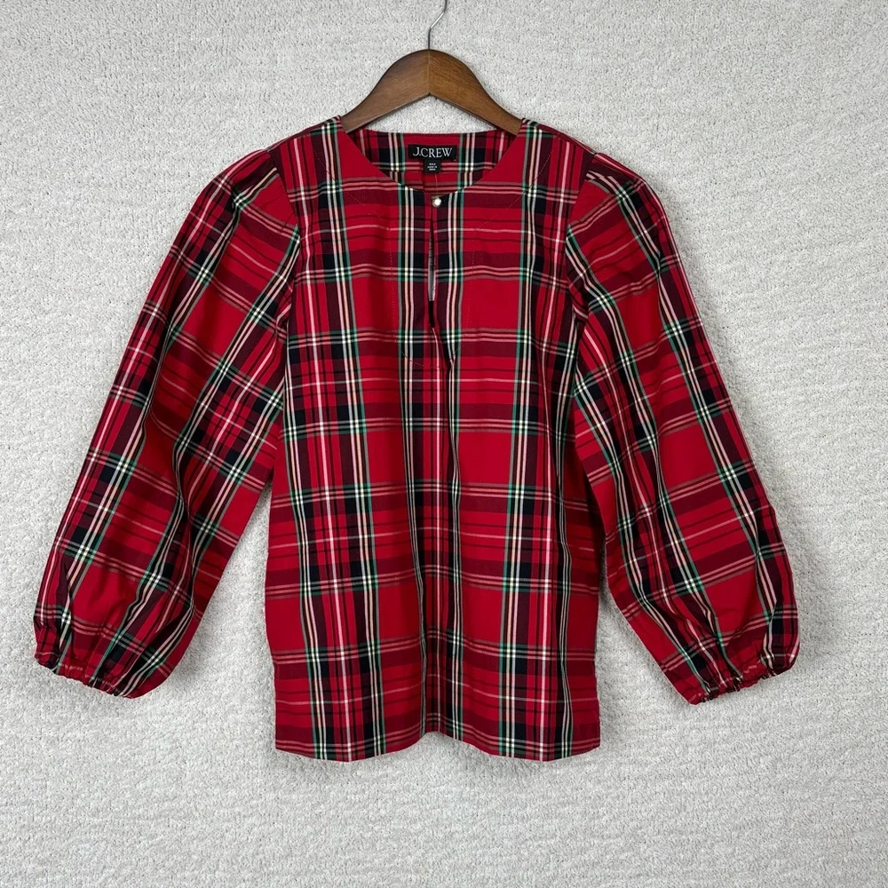 J. Crew Top Womens XXS Red Puff Sleeve Poplin Blouse Good Tidings Plaid‎ Cotton